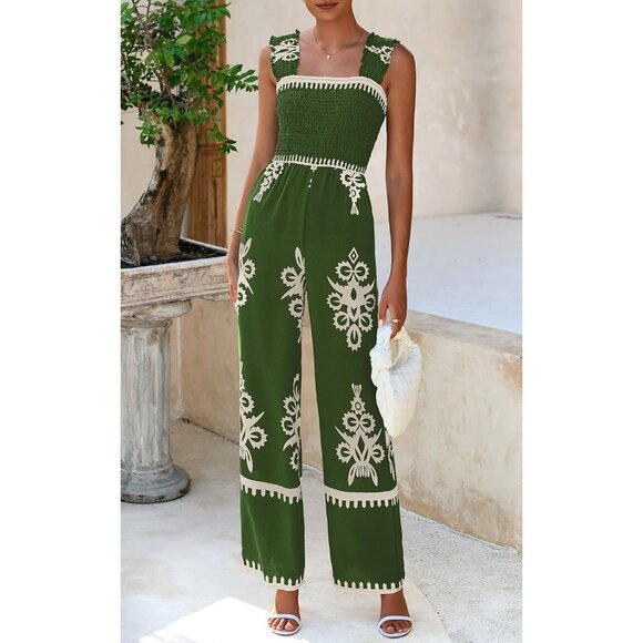 Women's Green Apricot Flower Casual Boho Summer Shirred Strap Rompers Jumpsuit - Picture 3 of 6